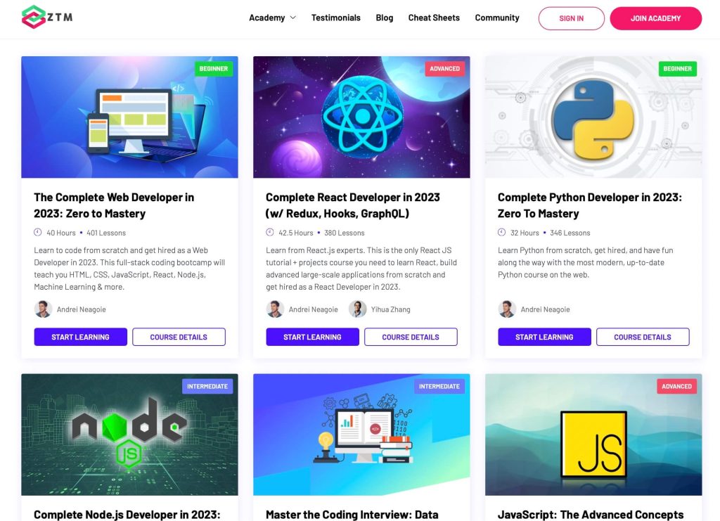 Course thumbnails from Zero To Mastery Platform including The Complete Web Developer, Complete React Developer and Complete Python Developer