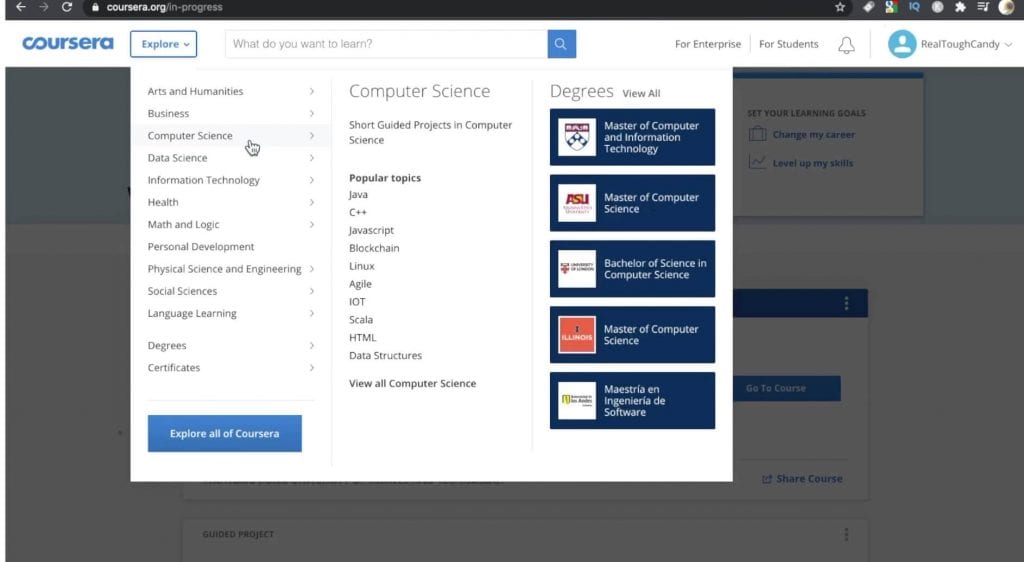 Computer Science topics menu on Coursera