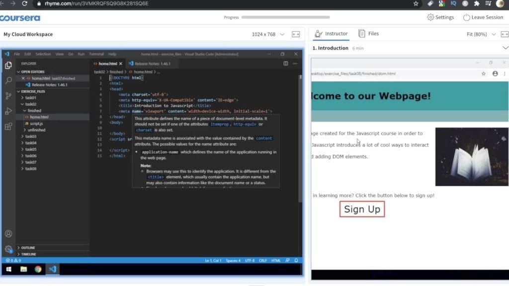 Cloud workspace environment on Coursera with code editor and lecture video