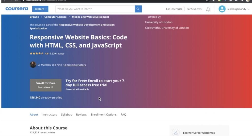 Coursera course landing page for responsive website basics by University of London