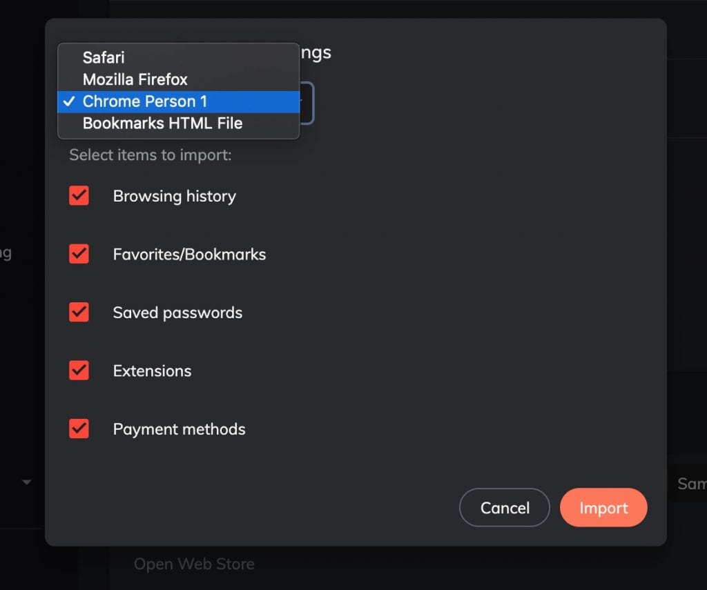 brave browser screenshot where user can import browsing history, passwords and other information from other browsers