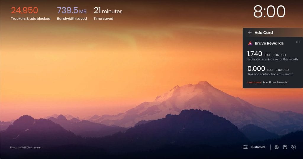 landing page of new tab using brave browser with mountains photo and orange sky