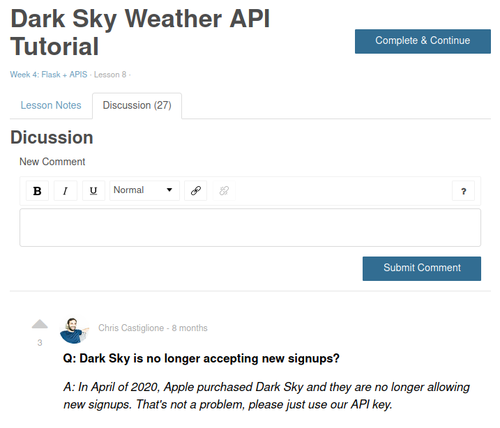 dark sky weather api tutorial discussion box with API key instructions