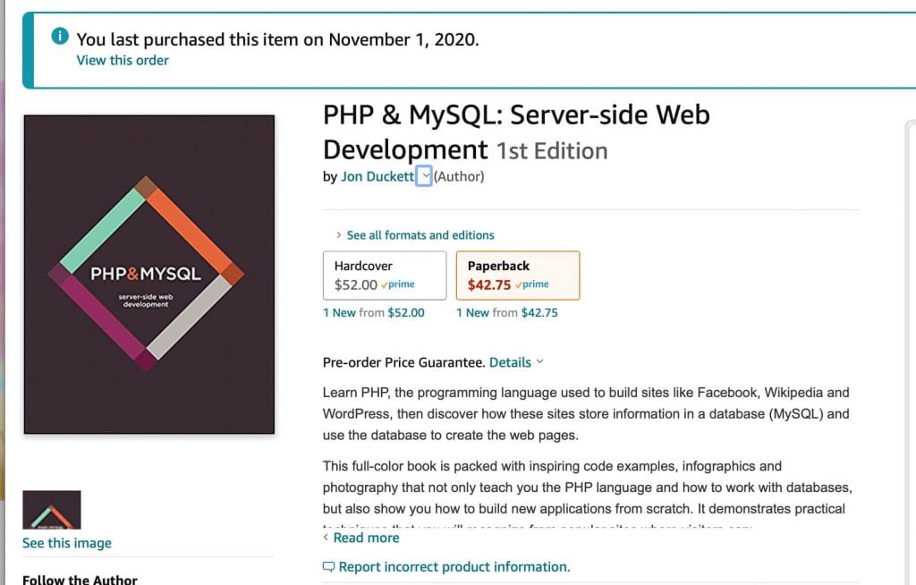 order page for php & MySQL Server side web development first edition