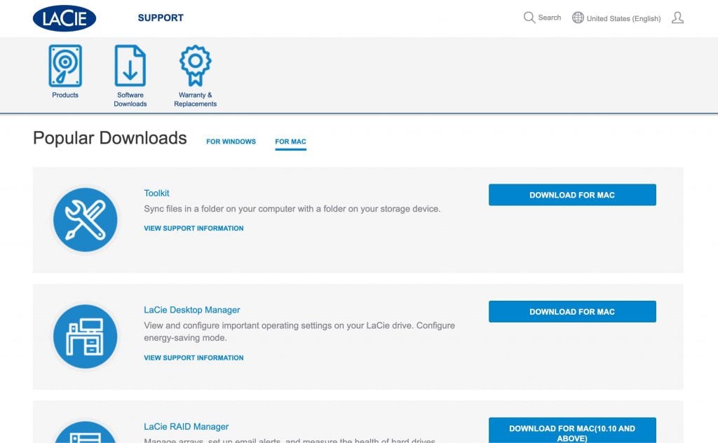 lacie support and downloads page for mac