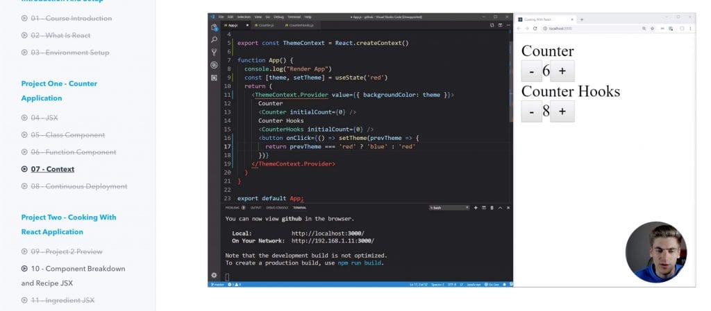 learn react today by web dev simplified best online react course with screenshot of code snippet containing counter app project code