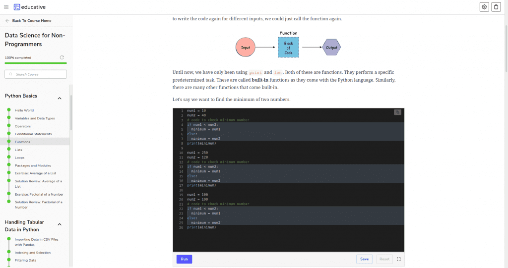 Data Science for Non-Programmers syllabus and lesson with diagram, text and code editor