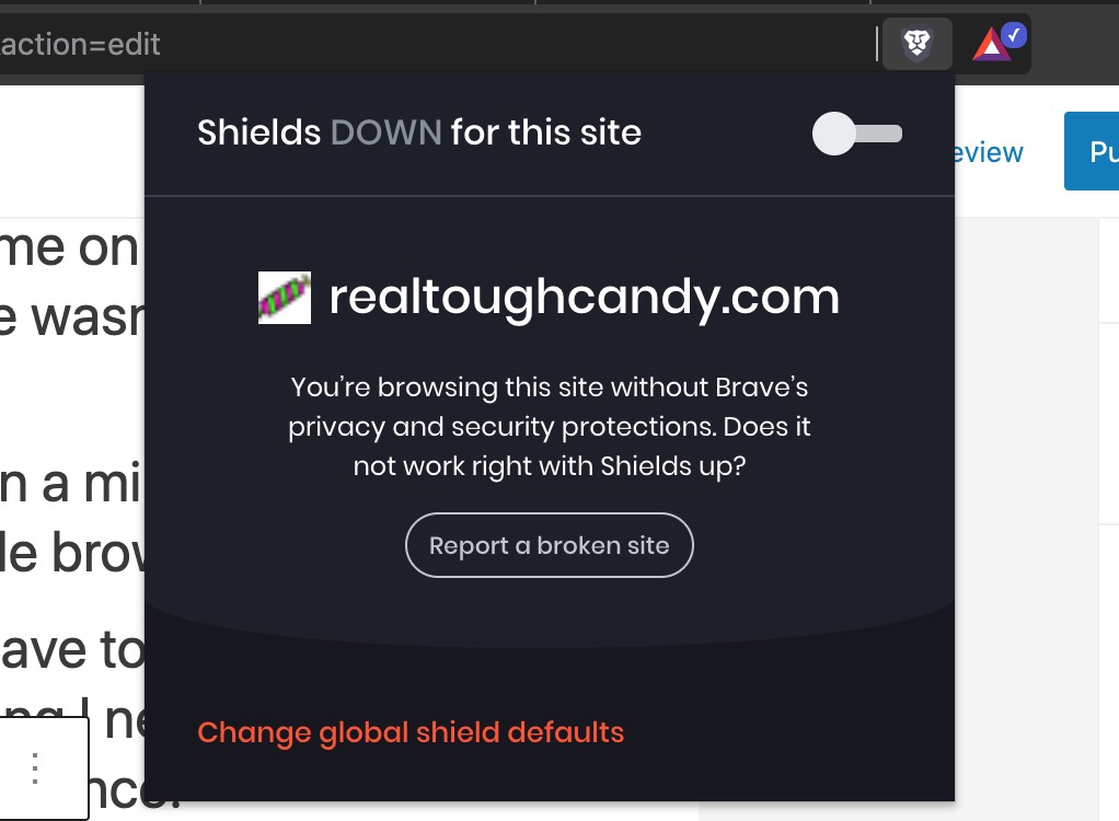 shields down screenshot on realtoughcandy brave browser