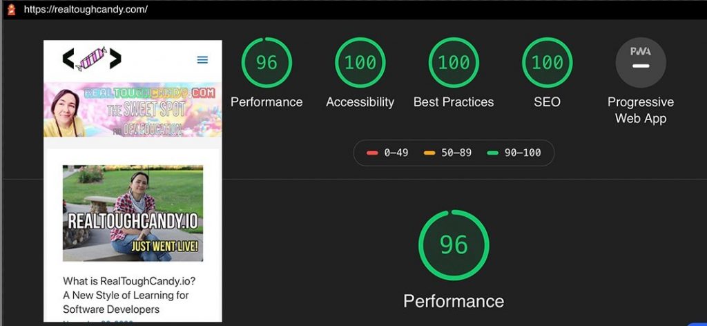 My improved Google Lighthouse Score with green circles showing numbers for different metrics