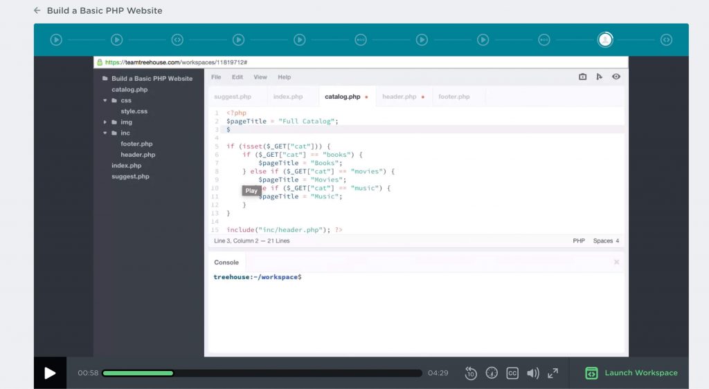 PHP code on Treehouse video