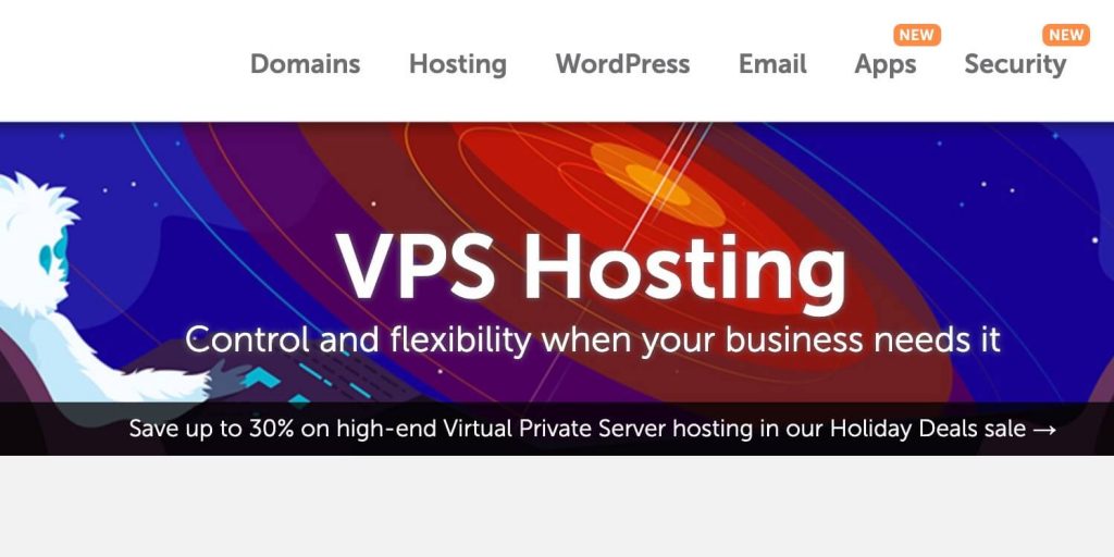 namecheap vps hosting landing page with white furry monster in space