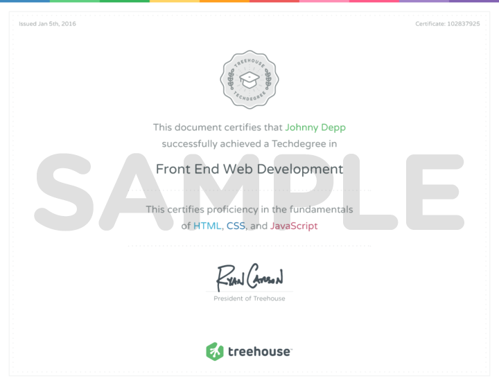 Treehouse Techdegree certificate sample