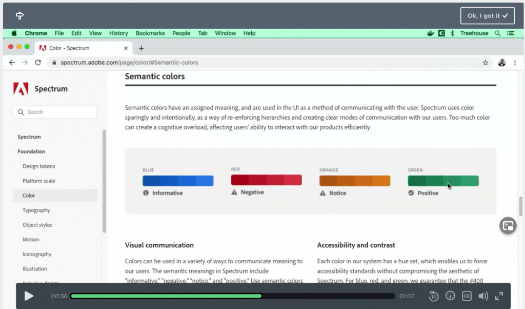 UX Design video on semantic colors in treehouse techdegree review