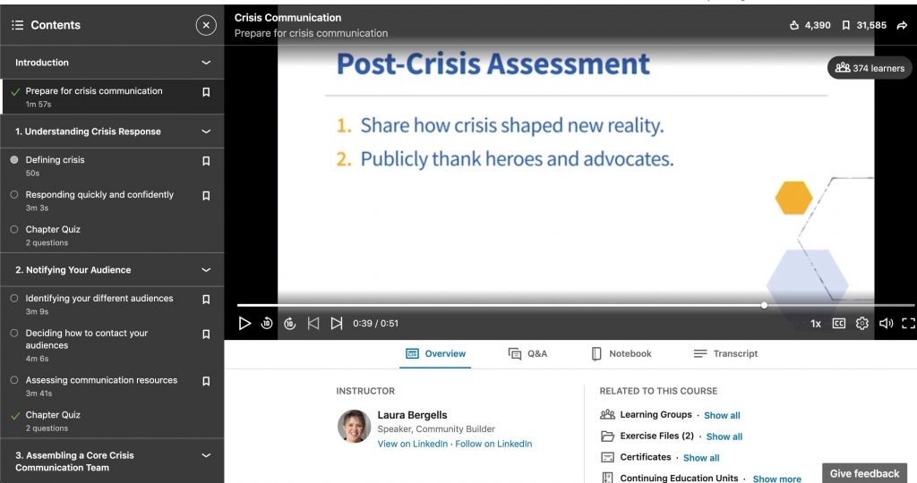 linkedin learning review screenshot inside crisis communication course