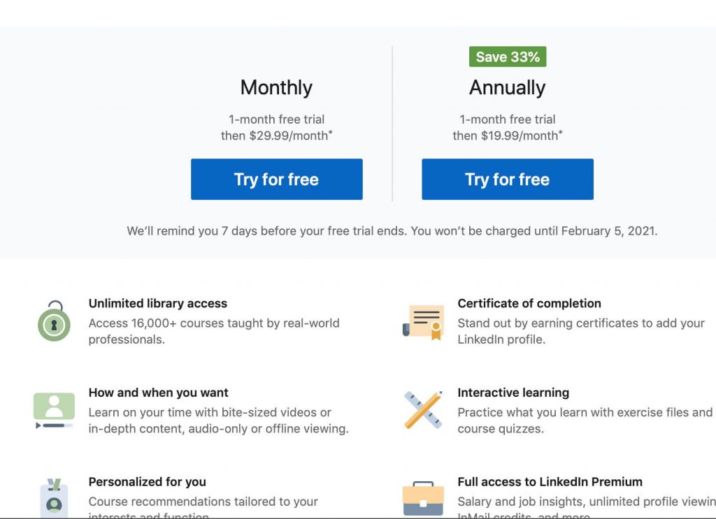 linkedin learning pricing page