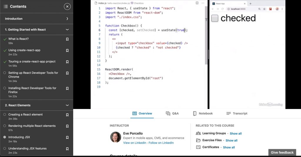linkedin learning review screenshot of react course eve porcello