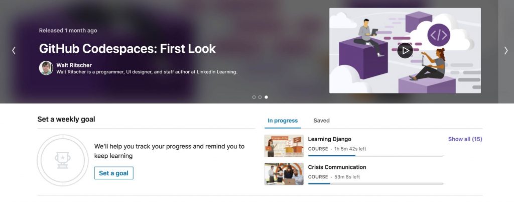 linkedin learning review screenshot of landing page course suggestions