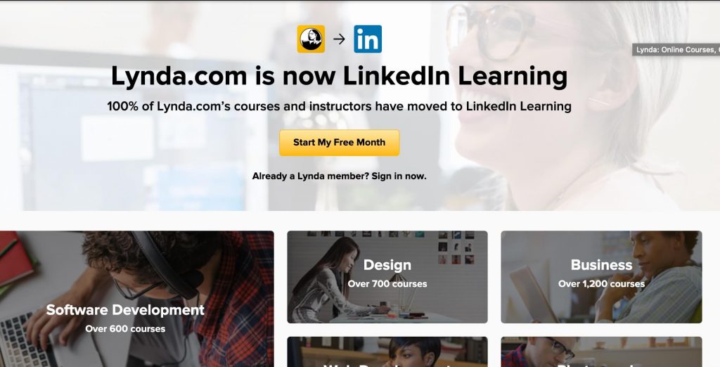 screenshot of lynda dot com homepage that says lynda is now linkedin learning