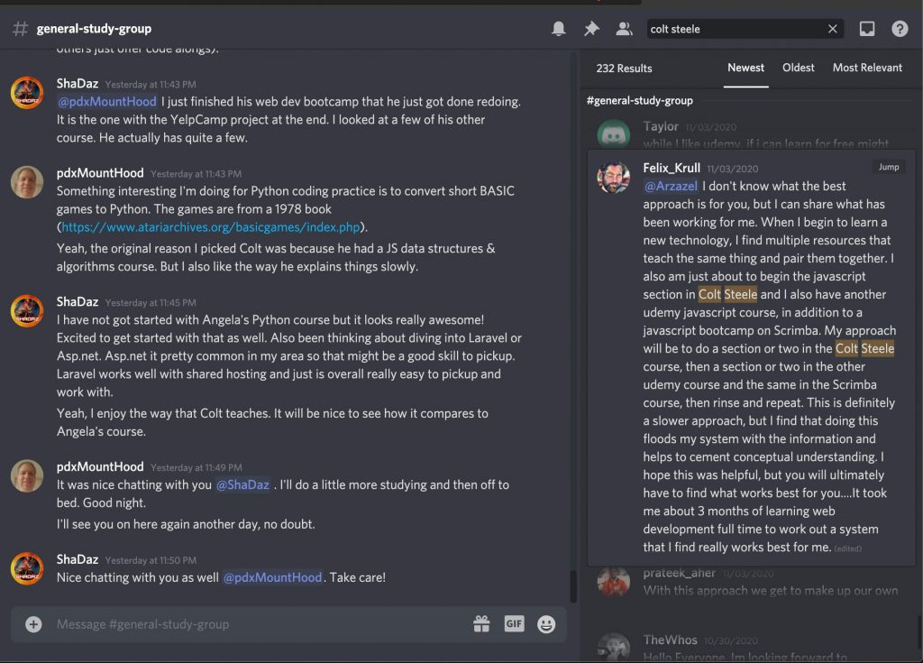 realtoughcandy discord with people discussing the colt steele bootcamp