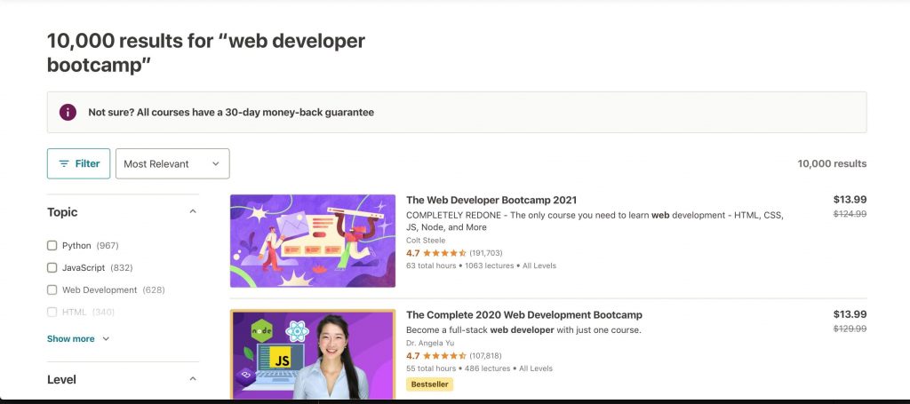 search results for web developer bootcamp on udemy