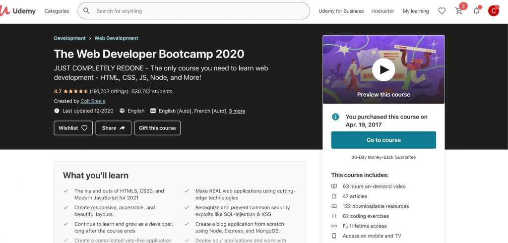 the web developer bootcamp by colt steele 2020 landing page