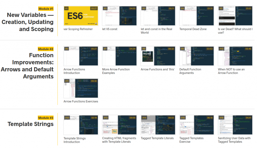 Wes Bos JavaScript course with modules and thumbnails