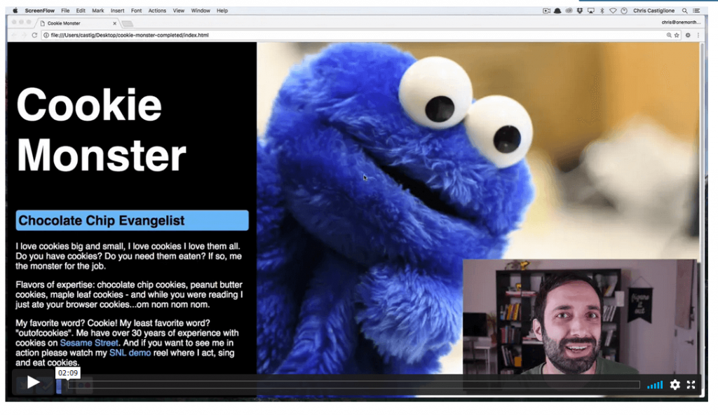 one month best css courses with cookie monster and man in corner