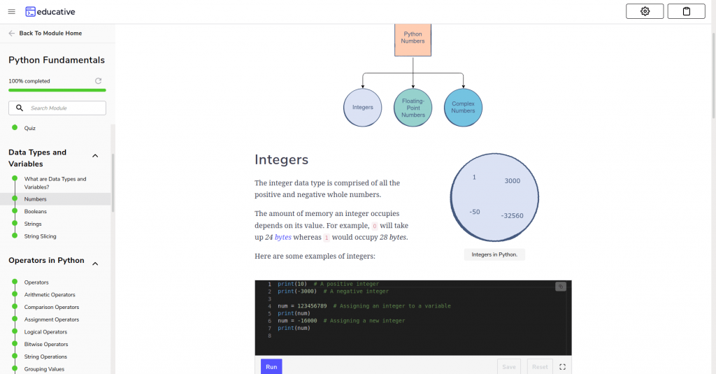 Python for Programmers module with diagram and code playground for data types and variables