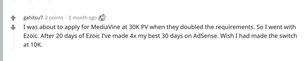 Quote from reddit user about Ezoic that says I was about to apply for Mediavine at 30KPV [pageviews] when they doubled the requirements. So I went with Ezoic. After 20 days of Ezoic I’ve made 4x my best 30 days on AdSense. With I had made the switch at 10K.