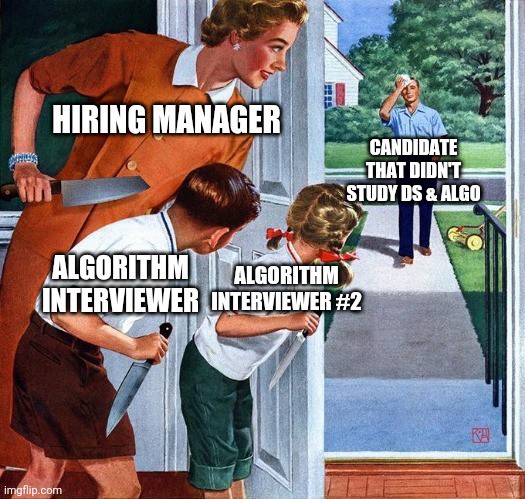 1950s style cartoon meme of a mom representing a hiring manager and two boys representing data structure and algorithms interviewers who are about to attack an unsuspecting man walking home