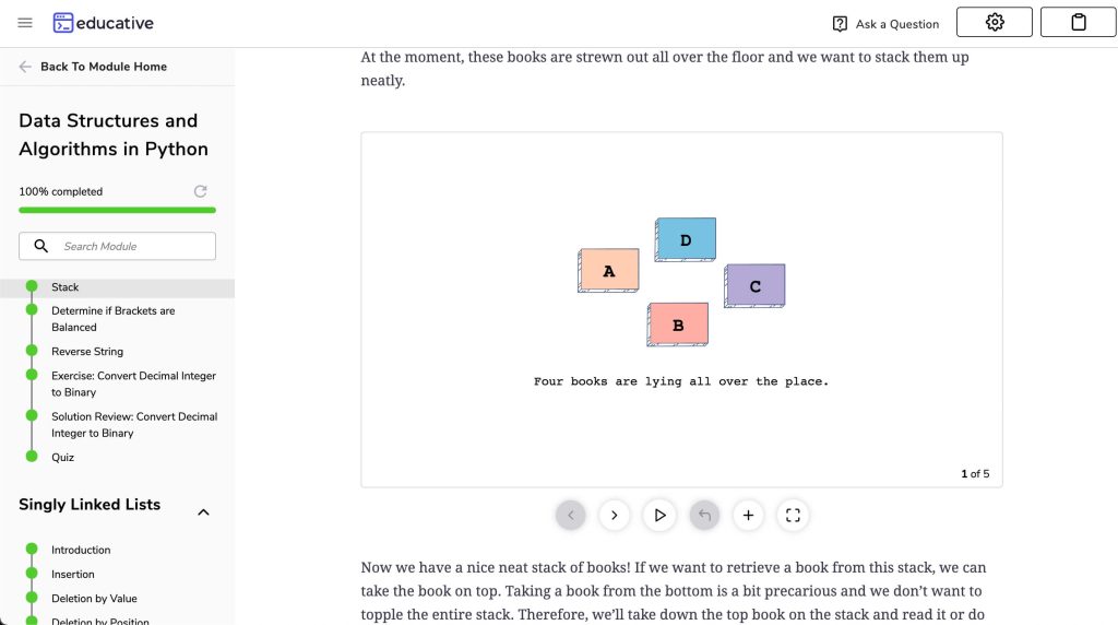 Stacks lesson in Python for Programmers Data Structures and algorithms in Python module with four colored boxes representing books in a stack