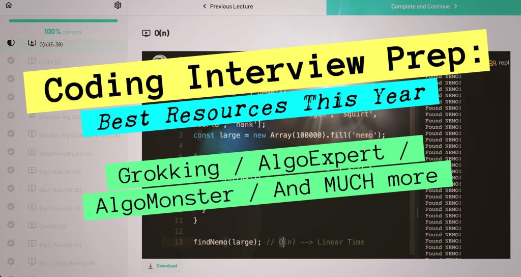 Video lecture in background with text coding interview prep best resources this year grokking algoexpert algomonster and much more