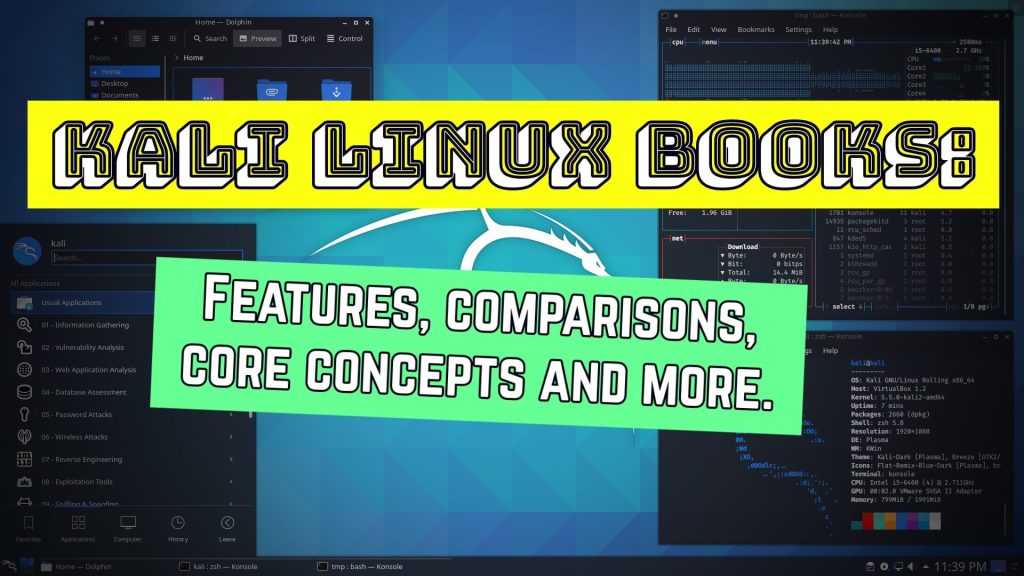 kali linux books, features, comparisons, core concepts and more with kali linux landing page in background