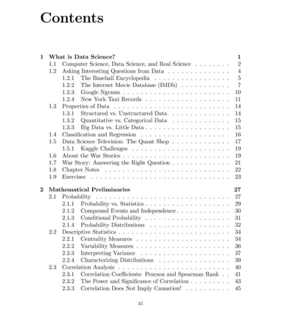 table of contents from the data science design manual