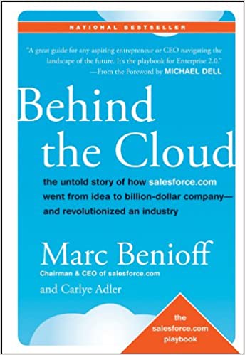 behind the cloud by marc benioff book cover with light blue background and clouds