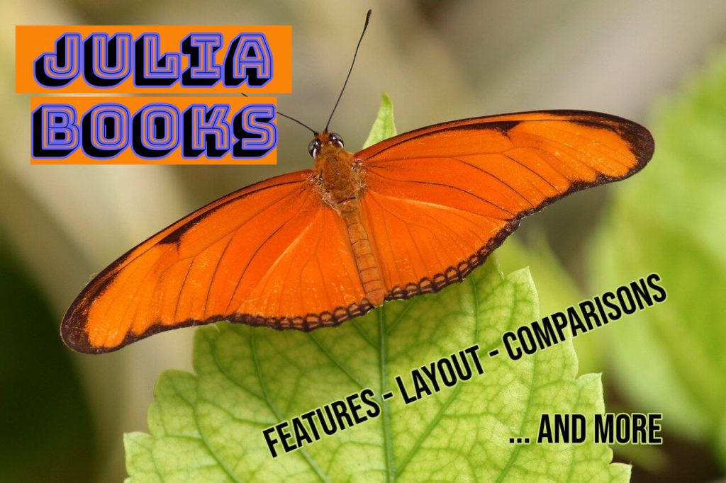 orange butterfly on light green jagged leaf with text reading julia books, features, layout, comparisons, and more