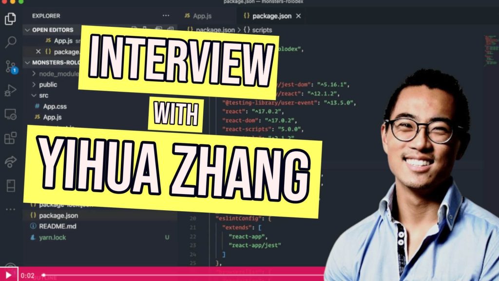 interview with yihua zhang with code background and image of smiling man with short hair, glasses and a collared shirt in the right corner