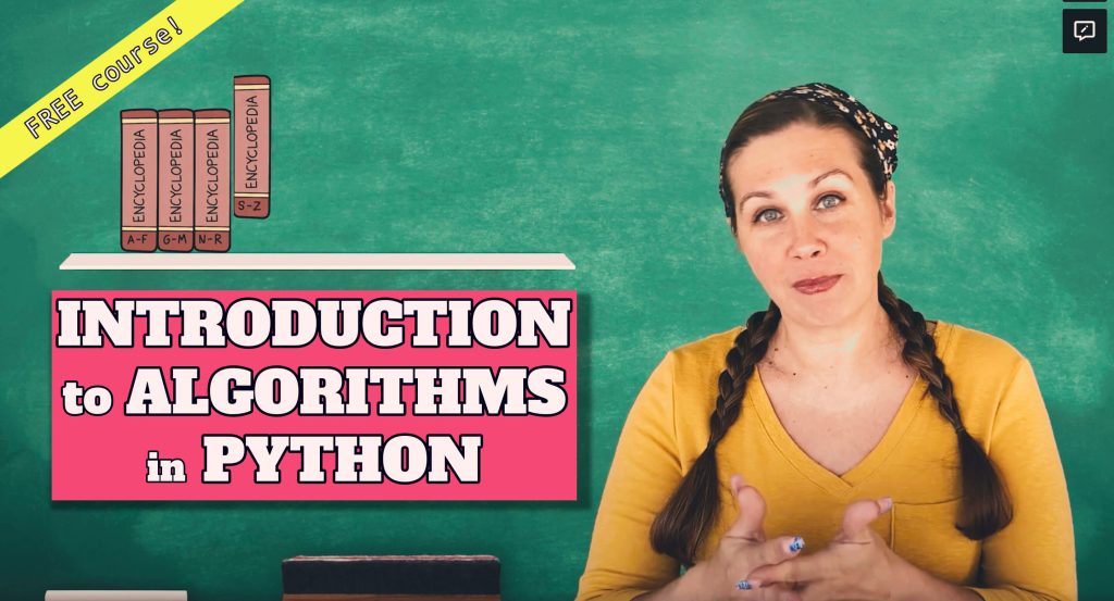 woman in front of chalkboard with books and text that says introduction to algorithms in python