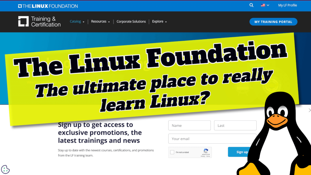 Linux Foundation landing page with Linux Penguin and text that says the linux foundation the ultimate place to really learn linux