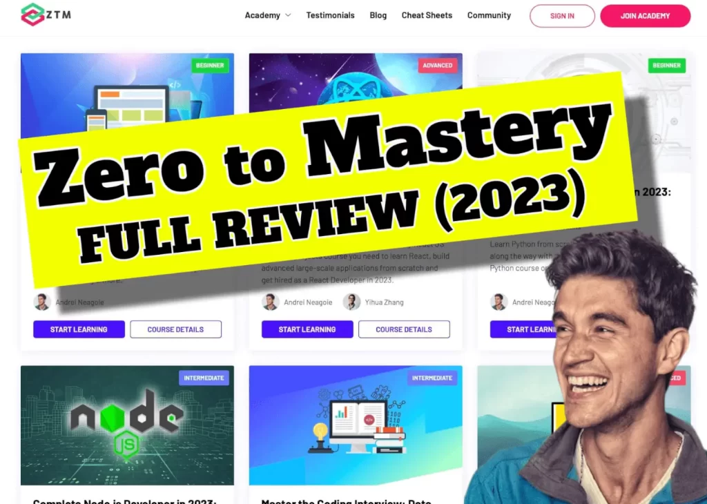 Course thumbnails with man in blue jacket and text that says zero to mastery full review 2023
